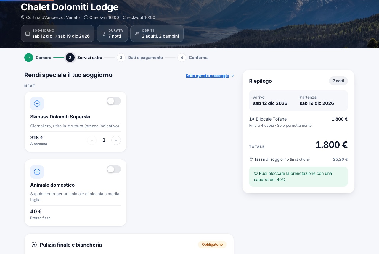 Step servizi extra con riepilogo e caparra