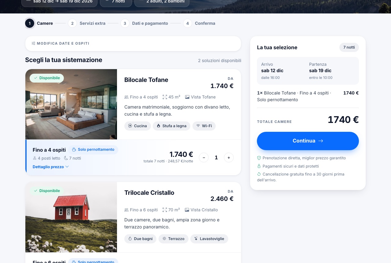 Scelta camere e carrello del booking engine