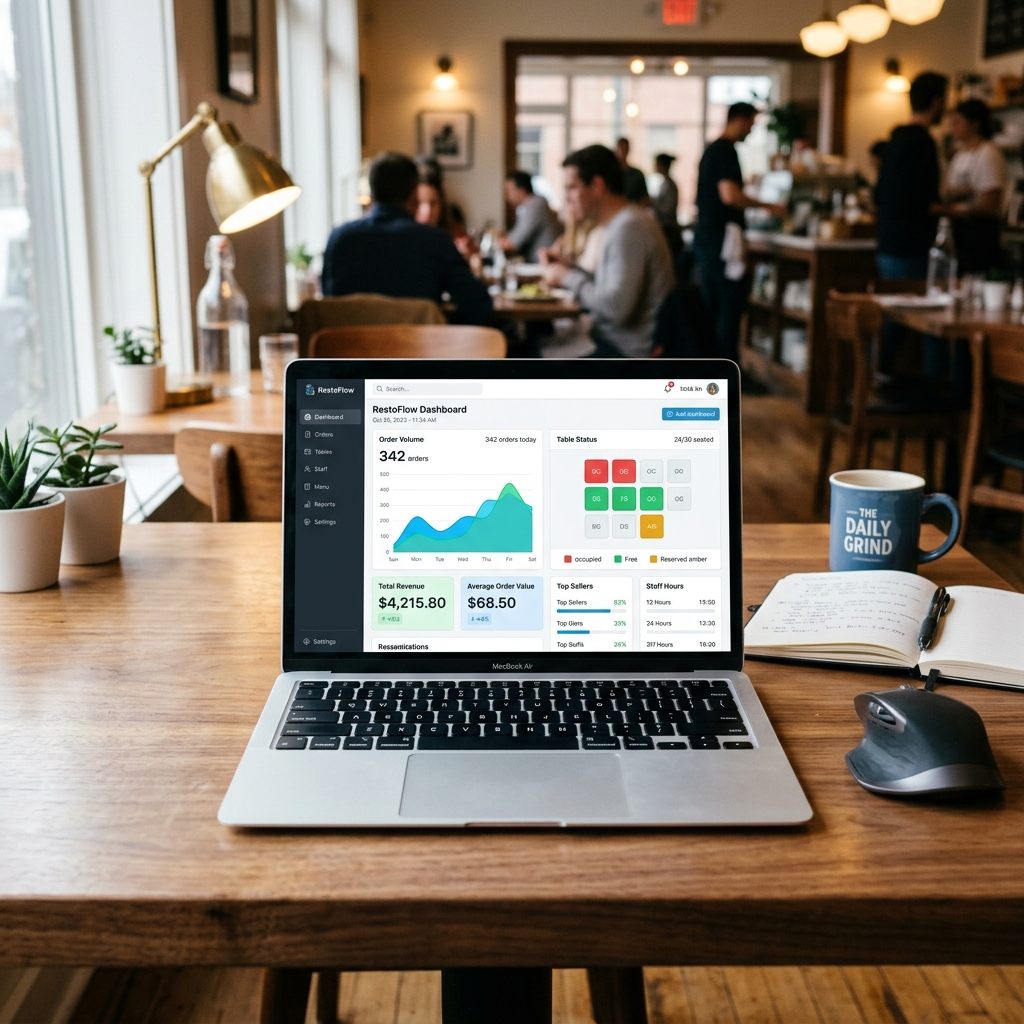 Laptop su tavolo di ristorante con software gestionale light mode e sidebar scura